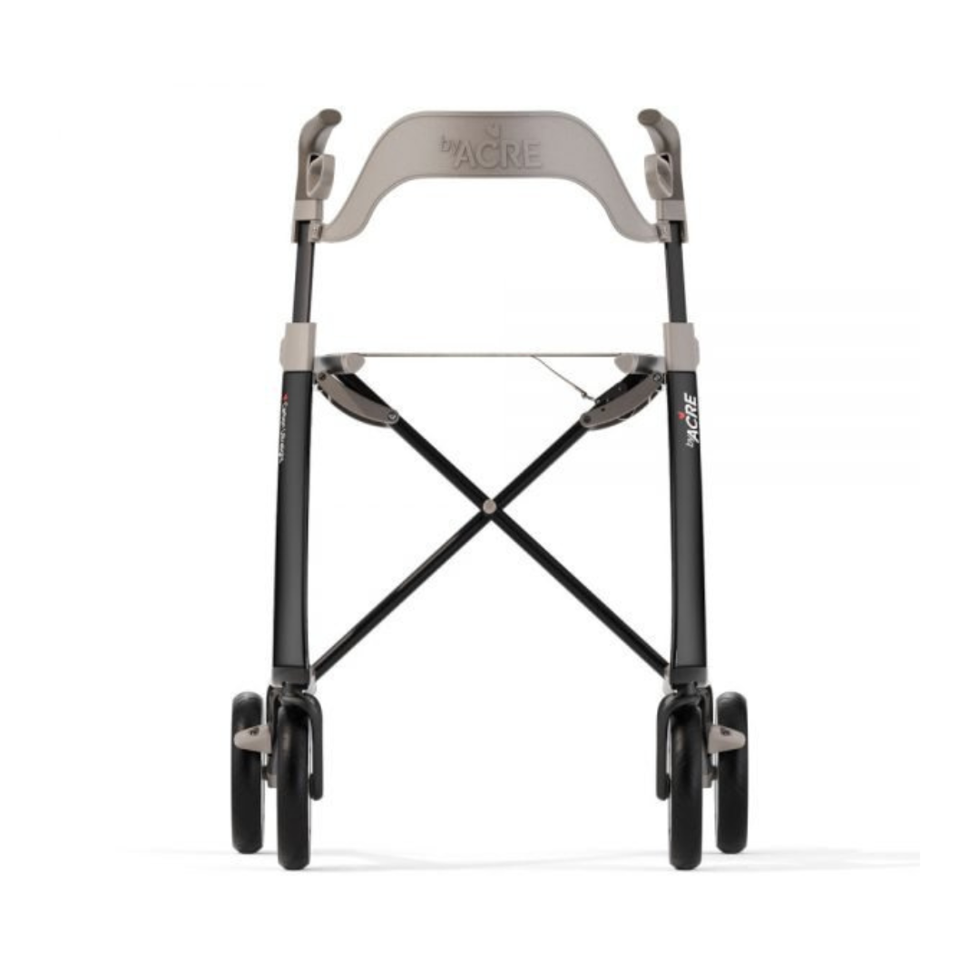 The ByACRE Ultralight Carbon Fiber Rollator (10.6 lbs) features a black frame, four black wheels, and light gray handles—a modern, lightweight mobility aid ideal for anyone wanting a sleek rollator design.